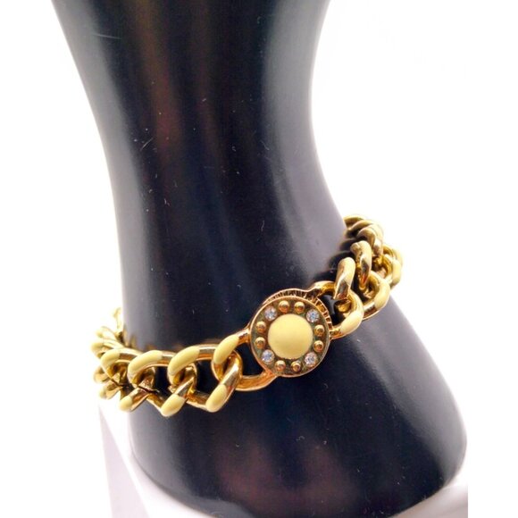 Chic Vintage Chain Link Bracelet, Gold Tone Chunky Curb Links with Beige Enamel - Picture 3 of 4